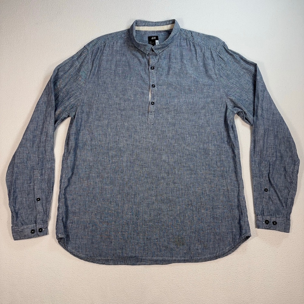 H&M Linen-Cotton Shirt Men's L Blue Pinstripe *Stain* Button Up Coastal Polo